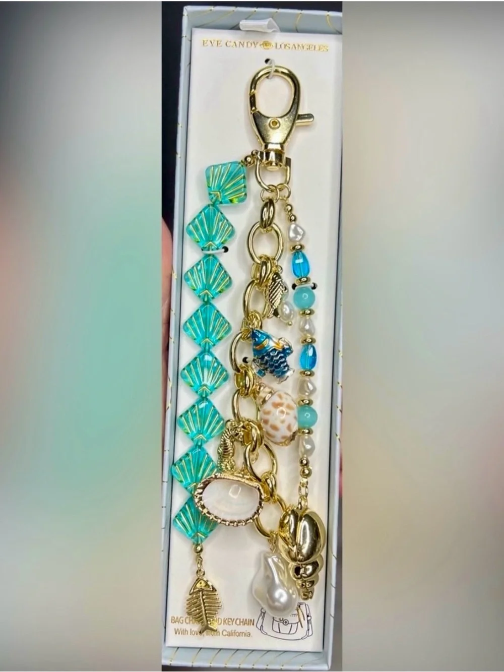 eye candy Gold & Light Blue Pearl Shell Keychain Charm